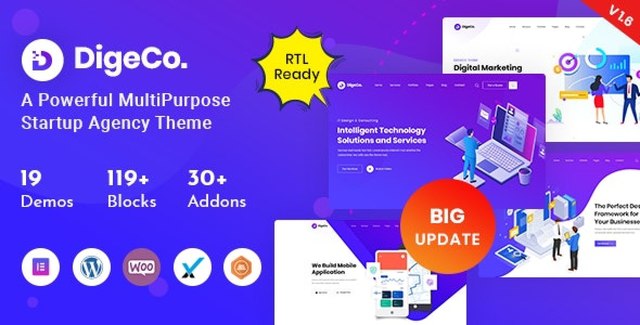 Digeco startup agency WordPress theme with Elementor page builder