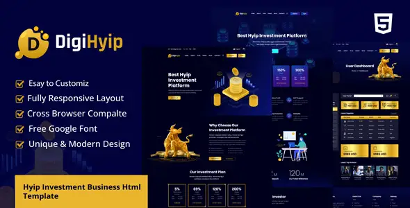 DigiHyip HYIP investment business HTML template preview showcasing a clean responsive website layout