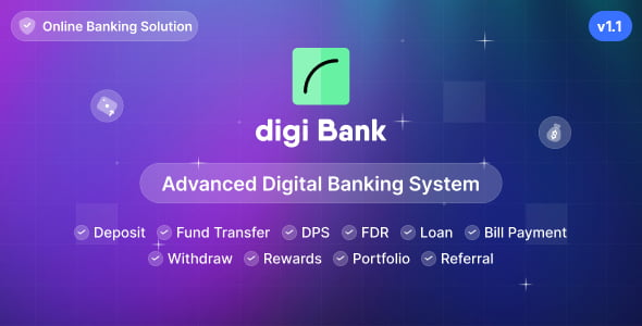 Digibank digital banking PHP script dashboard for online banking platform with deposits, loans, virtual cards, and payment gateway features