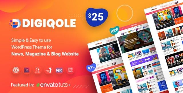 Digiqole News Magazine WordPress Theme homepage preview showing Elementor builder interface with news blocks, header layouts, and article grid