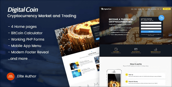 Digital Coin cryptocurrency website template preview for Bitcoin mining and trading sites