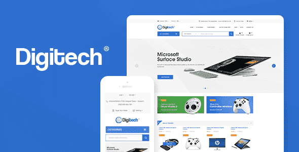 Digitech WooCommerce technology theme homepage with product carousel and megamenu navigation