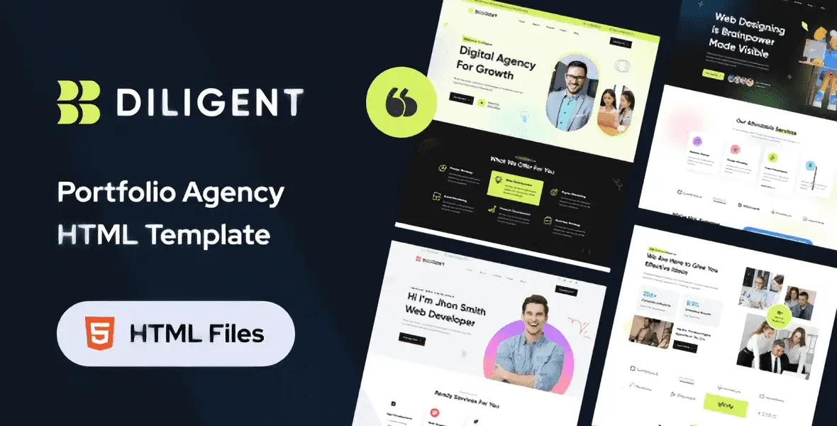 Diligent creative agency HTML template homepage preview showing responsive design across desktop, tablet, and mobile