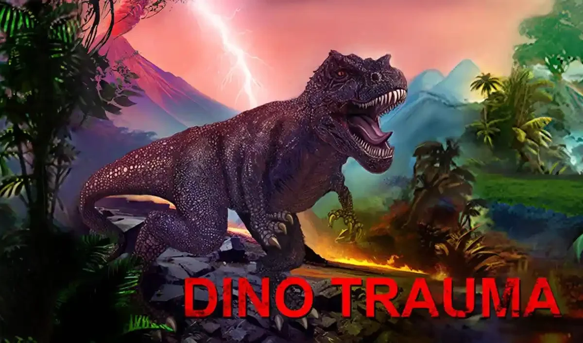 Dino Trauma retro FPS Windows PC game cover art featuring dinosaur combat in a secret laboratory