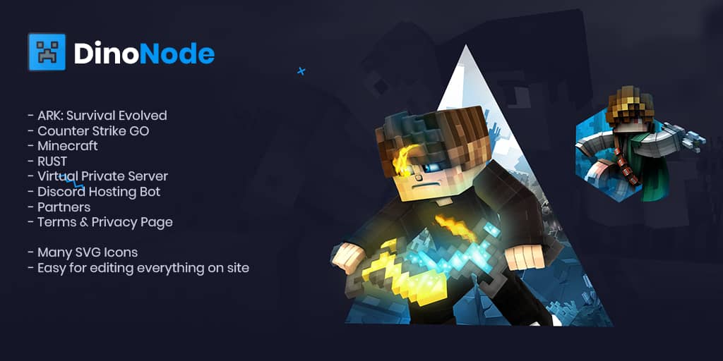 DinoNode Minecraft server hosting HTML template preview showing responsive gaming website design