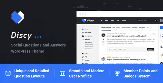 Discy WordPress Q&A theme dashboard showing community question and answer interface with voting system