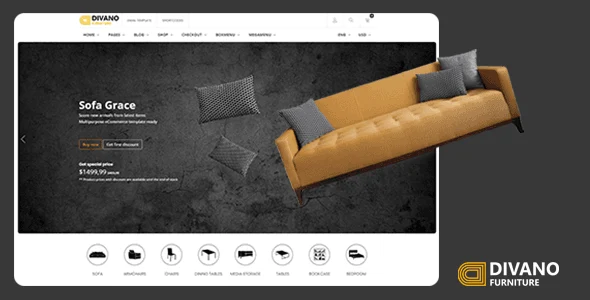 Divano furniture HTML template homepage showing light color scheme, large typography, and banner sections for interior design store
