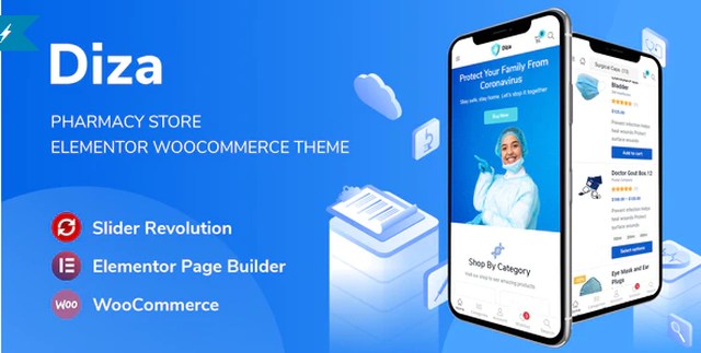Diza pharmacy store WordPress theme preview for Elementor and WooCommerce
