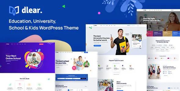 Dlear education WordPress theme showcasing university and school website layouts with Elementor page builder