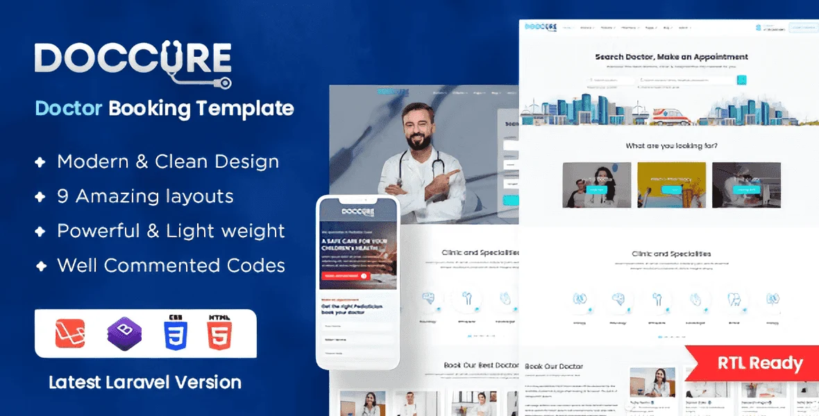 Doccure doctor appointment booking template interface for healthcare websites