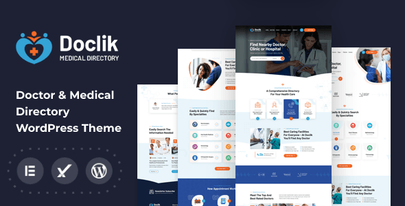 Doclik medical directory WordPress theme homepage demo with doctor listings and Elementor page builder interface