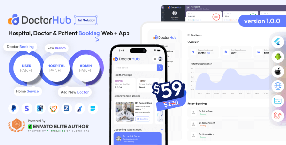 DoctorHub healthcare platform dashboard showing hospital management, doctor scheduling, and patient appointment booking interfaces