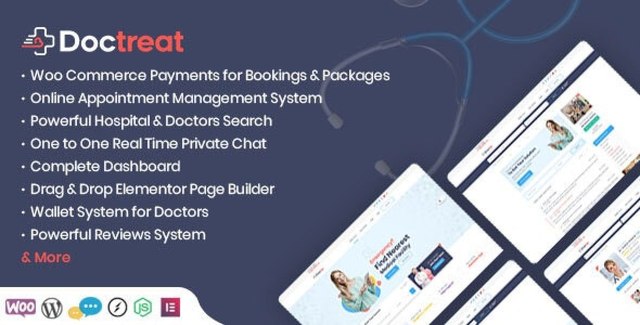 Doctreat medical directory WordPress theme screenshot showing doctor search, appointment booking, and Elementor editing interface