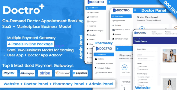 Doctro doctor appointment booking SaaS platform dashboard showing marketplace interface with doctor listings and booking calendar
