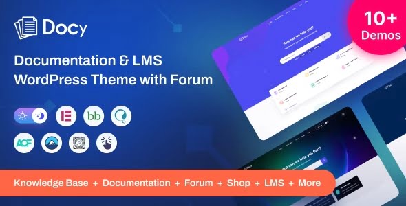 Docy WordPress theme screenshot showing documentation layout with sidebar navigation, code blocks, and helpdesk forum