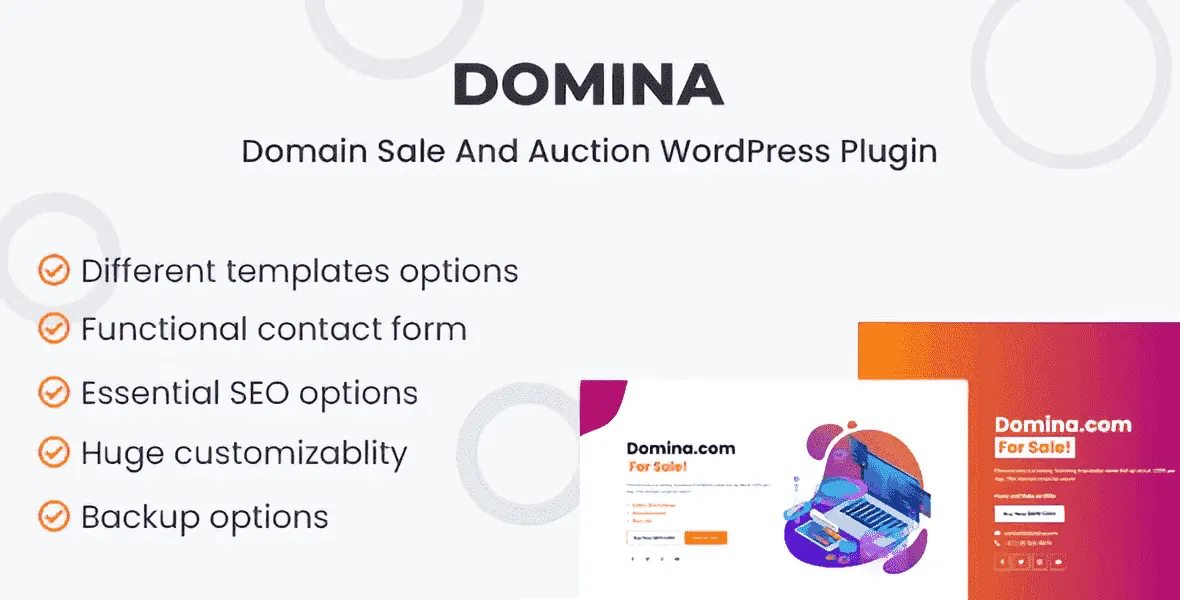 Domina domain for sale WordPress plugin interface showing customizable domain parking page template