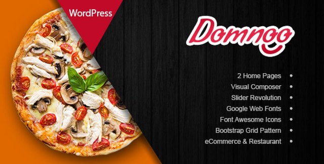 Domnoo WordPress theme homepage preview showing pizza restaurant layout with menu, hero section, and online ordering elements