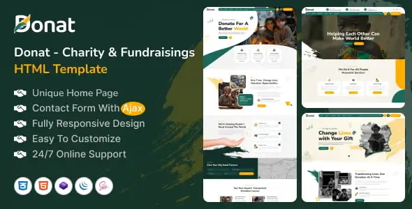Donat charity fundraising HTML template preview with responsive Bootstrap layout, RTL compatibility, and modern typography designed for nonprofit donation pages