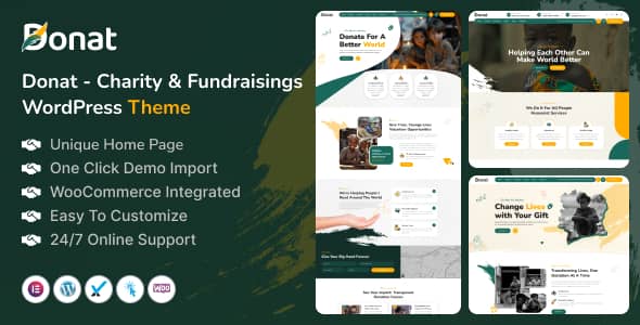 Donat charity WordPress theme homepage demo showing donation campaign and event management layout
