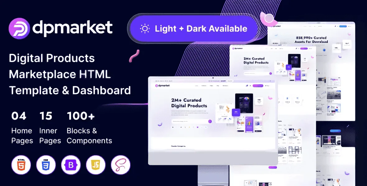 DpMarket digital products marketplace HTML5 template preview with dashboard interface