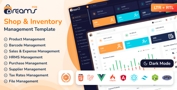 DreamsPOS POS and inventory management admin dashboard template interface