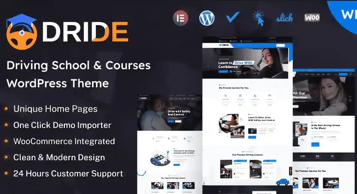 Dride driving school WordPress theme homepage preview with modern minimalist design