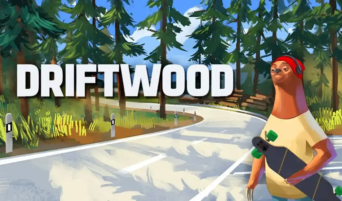 Driftwood PC game featuring Eddy the sloth downhill longboarding through mountain scenery
