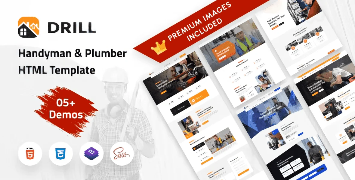 Drill handyman services HTML template with Bootstrap 5 and Elementor Pro support