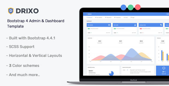 Drixo admin dashboard template showing responsive layout with sidebar navigation and UI components