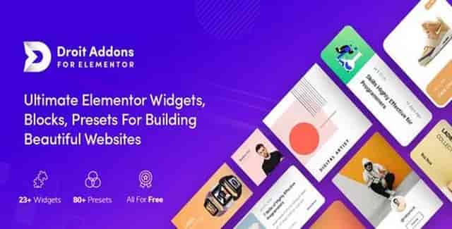Droit Elementor Addons Pro plugin interface showing customizable widgets and pre-built blocks for Elementor page builder