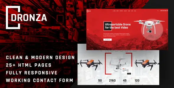 Dronza drone website template showcasing aerial photography portfolio with responsive layout