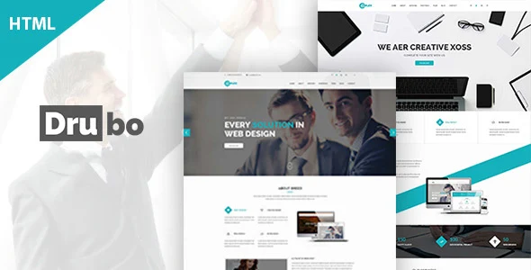 Drubo multipurpose responsive HTML template preview showing modern flat design layout with Bootstrap 5 framework