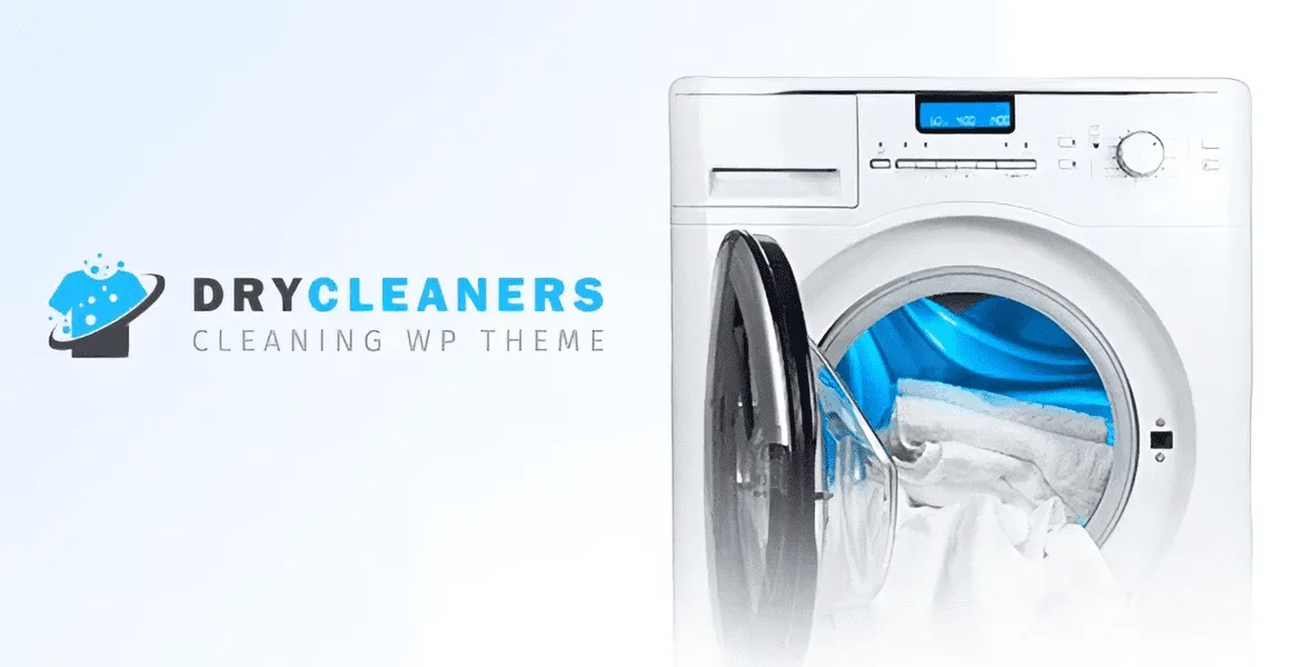 Dry Cleaning WordPress theme preview showing professional laundry services website layout