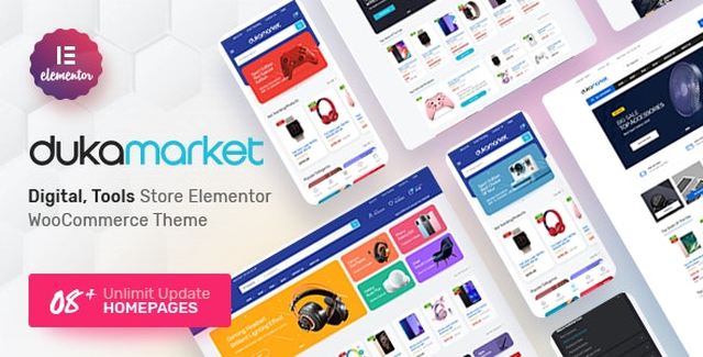 DukaMarket multipurpose WordPress theme showcasing a modern WooCommerce marketplace layout