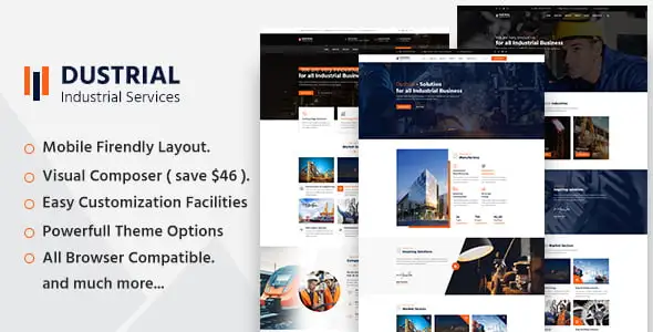 Dustrial industrial WordPress theme homepage layout for factory and manufacturing websites