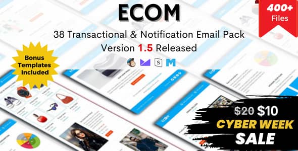 ECOM transactional email templates bundle showing 38 HTML email designs with 4 layout packs and PSD files