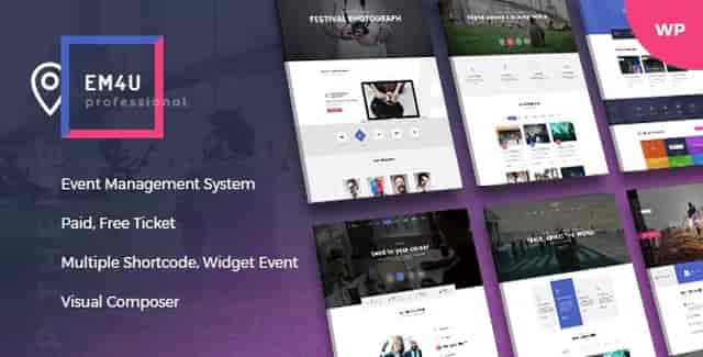 EM4U event tickets WordPress theme displaying conference and webinar ticket pages