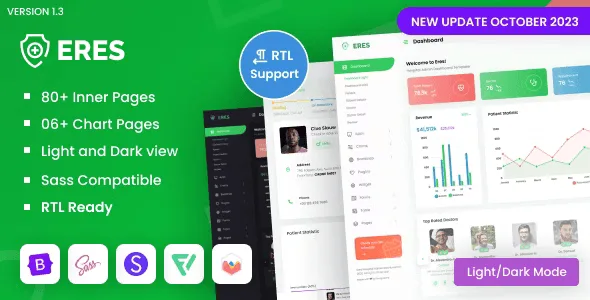 ERES hospital admin dashboard template interface with healthcare management panels and dark mode layout