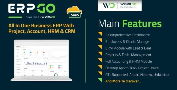 ERPGo all-in-one ERP software dashboard with project, HRM, and CRM modules