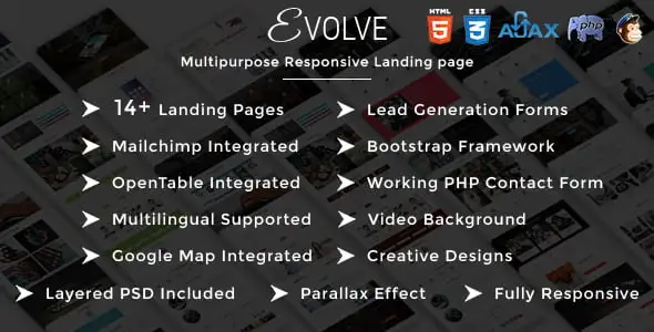 EVOLVE multipurpose HTML landing page template with responsive design and lead generation features