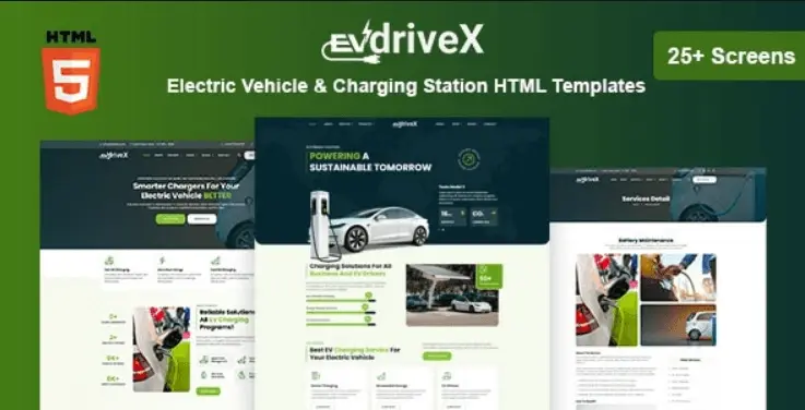 EVdriveX HTML template homepage showing EV charging station finder interface with map, station cards, and responsive navigation on desktop and mobile views