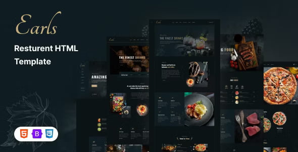 Earls restaurant HTML template preview showing responsive homepage design on desktop and mobile devices