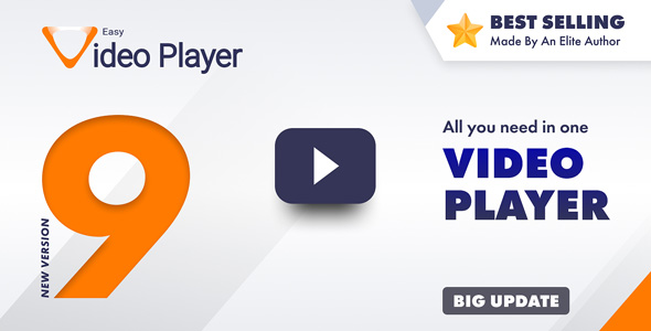 Easy Video Player WordPress plugin interface showing responsive video controls with quality selector and subtitle options