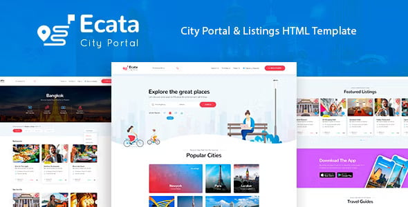 Ecata city guide HTML template preview showing a modern city portal design
