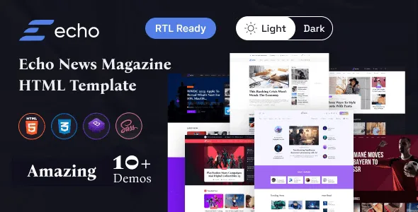 Echo news and magazine HTML template homepage preview with Bootstrap 5 layout