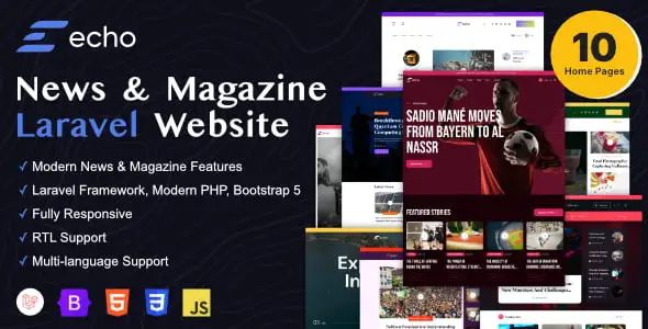 Echo Laravel news and magazine script interface showcasing responsive editorial layouts and dark mode toggle