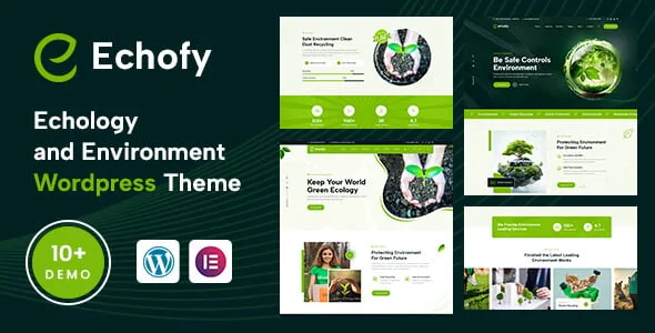 Echofy environmental and solar energy WordPress theme preview with Elementor page builder