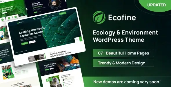 Ecofine WordPress theme homepage showing clean nature-inspired design with Elementor editing interface