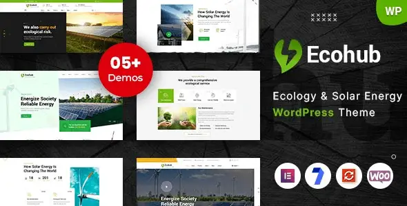 Ecohub solar energy WordPress theme homepage demo showing clean design with Elementor editor