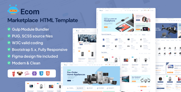 Ecom multipurpose marketplace HTML template with RTL support and dashboard preview